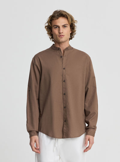 Camicia collo coreana misto lino