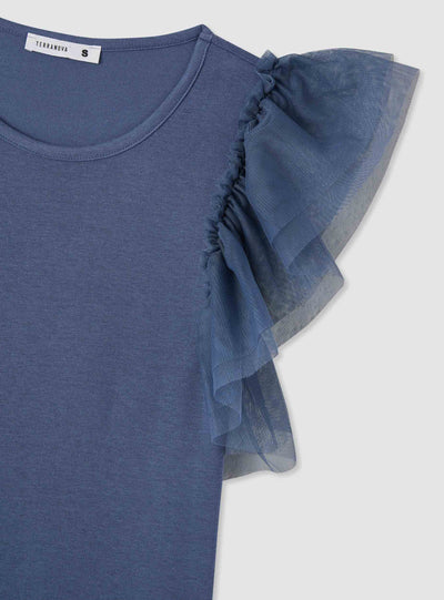 T-shirt con maniche a balze in tulle