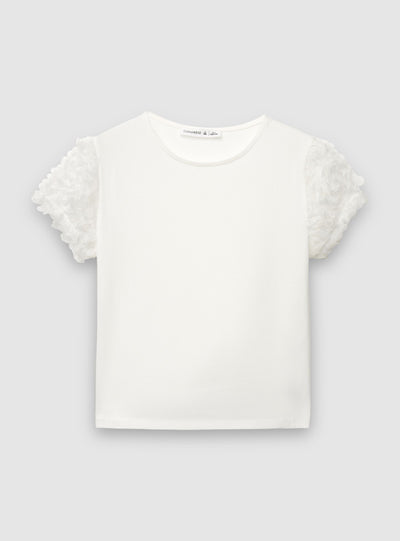 T-shirt con maniche in tulle a petali