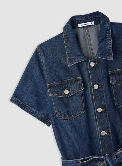 Tuta corta denim a tinta unita con cintura