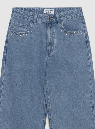 Jeans wide leg con strass tasche
