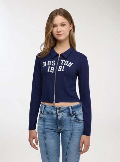 Polo-T-Shirt mit Reißverschluss und College-Schriftzug