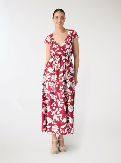 Midi dress with V-neckline and gathered waist