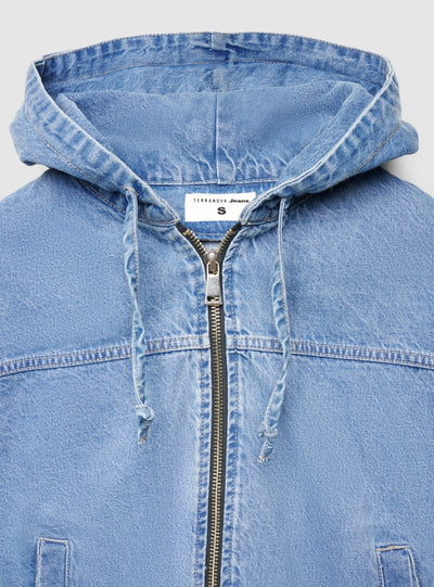 Bomber in denim con cappuccio e zip