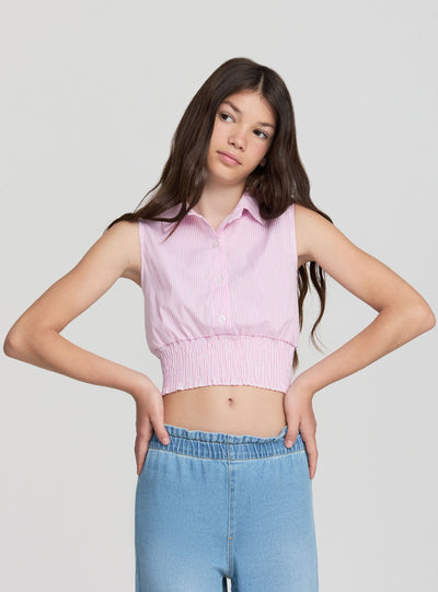 Camicia smanicata a righe con elastico in vita