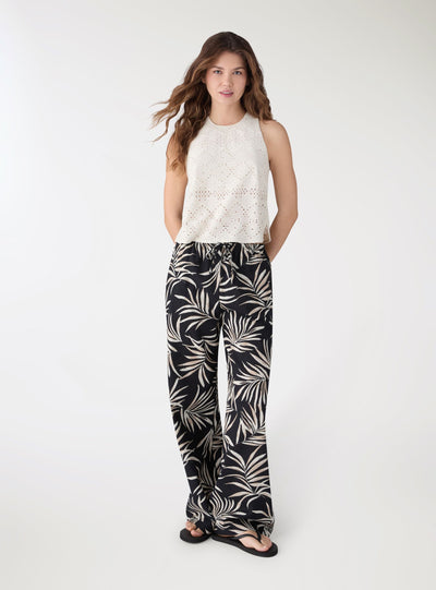 Pantaloni wide leg effetto lino con stampa foglie