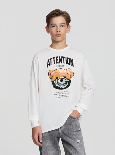 T-shirt maniche lunghe con stampa orso e scritta