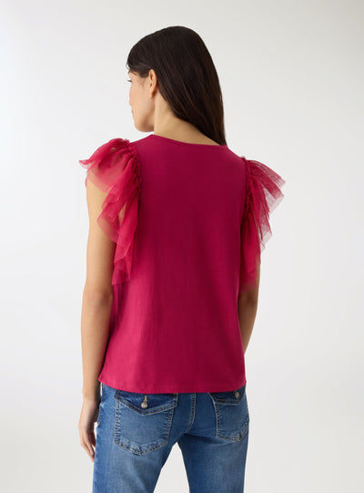 T-shirt con maniche a balze in tulle