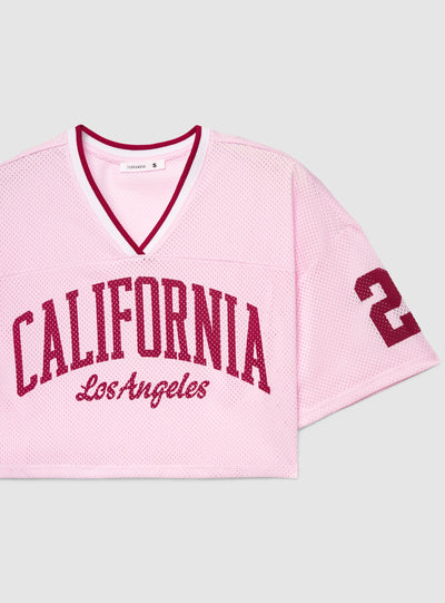 T-shirt crop a rete con stampa college