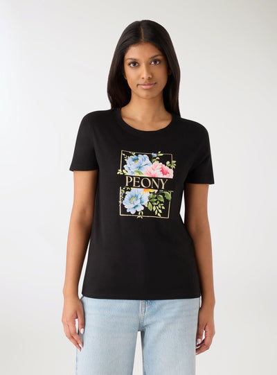T-shirt con stampa fiori e scritta