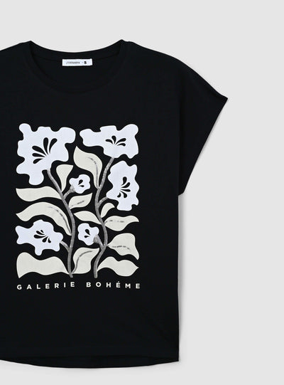 T-shirt ampia con stampa fiori e paillettes