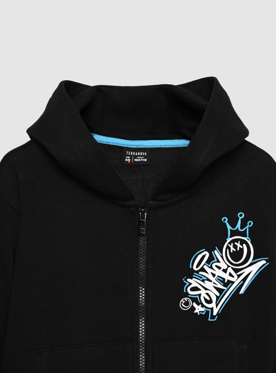 Hooded zip-up sweatshirt with bear print