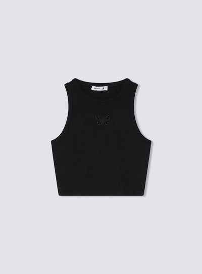 Top crop con scollo americano e ricamo cut-out