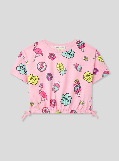 T-shirt crop con cordini e stampe