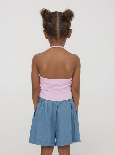 Top crop con balze in tulle multicolor