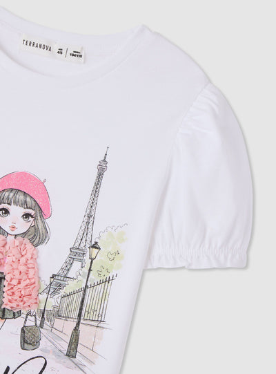T-shirt con stampa Paris e applicazioni