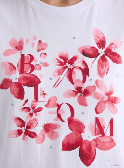 T-shirt con stampa fiori e strass
