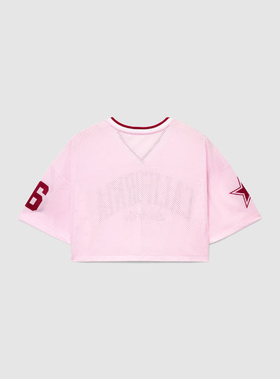 T-shirt crop a rete con stampa college