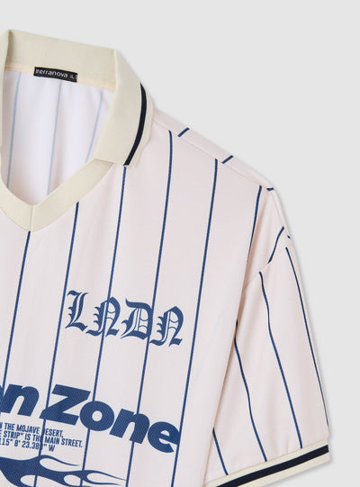 Tricou bărbați stil fotbal cu dungi, imprimeu lettering și guler polo