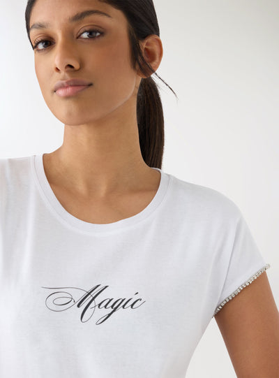 T-shirt con scritta e strass