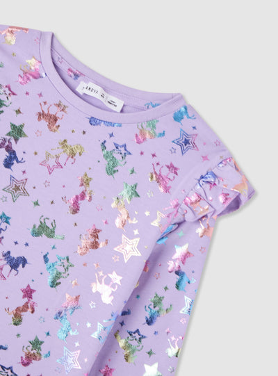 T-shirt con volant e unicorni