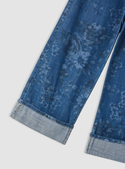 Jeans wide leg con stampa fiori