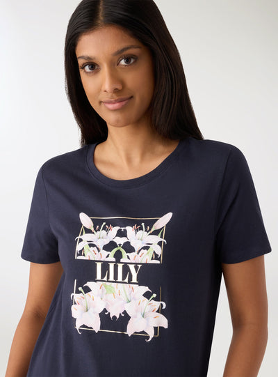 T-shirt con stampa fiori e scritta