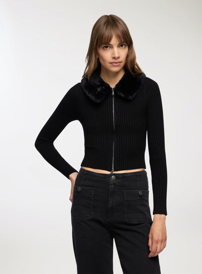 Cardigan con zip e collo in similpelliccia