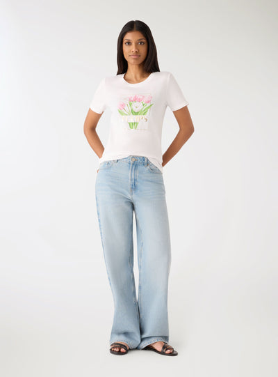 T-shirt con stampa fiori e scritta
