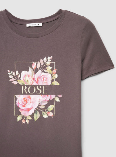 T-shirt con stampa fiori e scritta