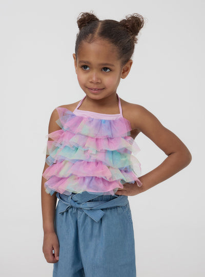Top crop con balze in tulle multicolor