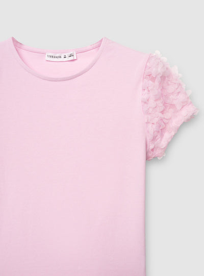 T-shirt con maniche in tulle a petali