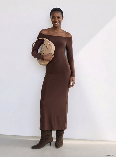 Long dress with off-the-shoulder solid colour design