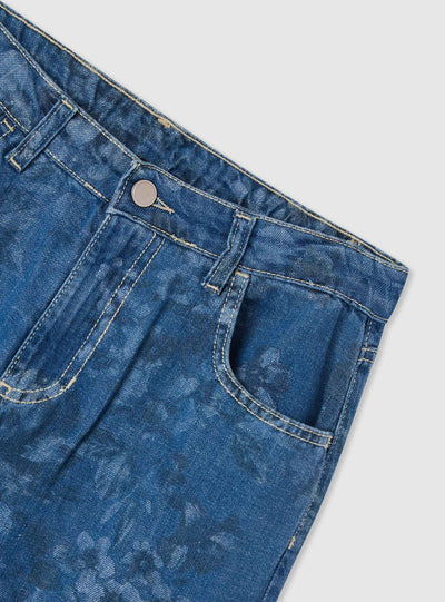 Jeans wide leg con stampa fiori
