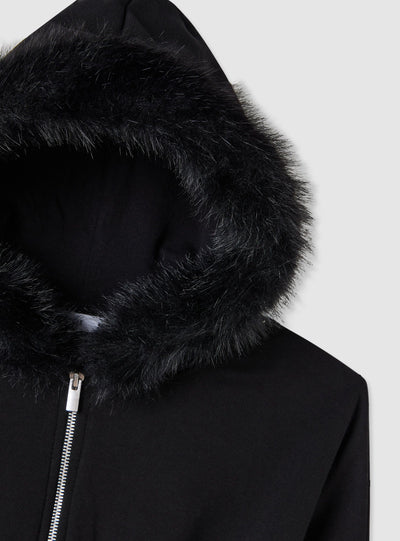Cropped Sweatshirt mit Reißverschluss und Kapuze, mit synthetischem Fellbesatz