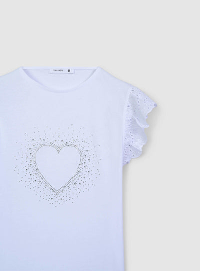 T-shirt avec strass et manches en broderie anglaise