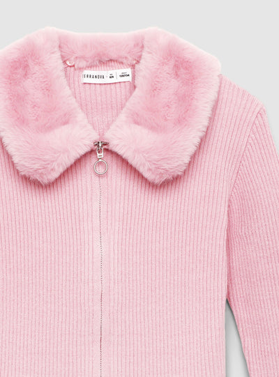 Cardigan con zip e collo effetto pelo