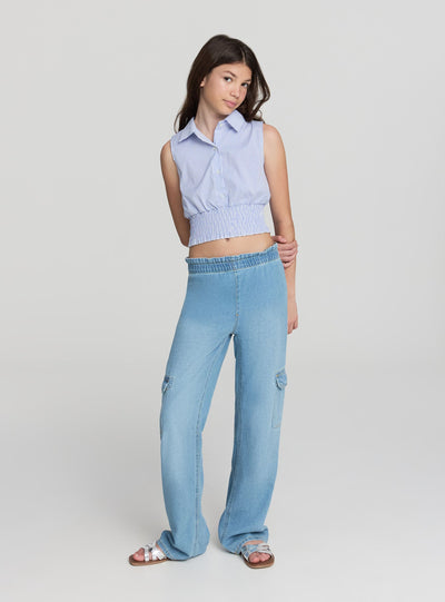 Camicia smanicata a righe con elastico in vita