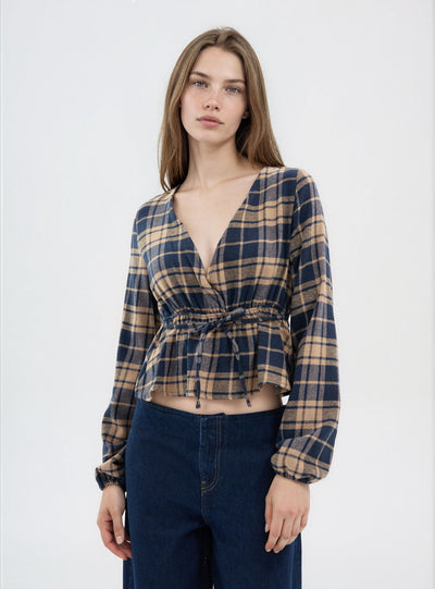 Camicia incrociata a quadri con coulisse