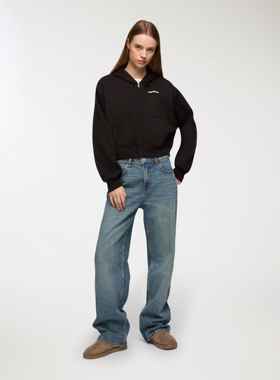 Felpa crop scritta fronte/retro con cappuccio