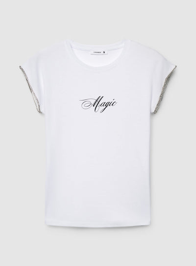 T-shirt con scritta e strass