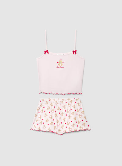 Set de 2 pijamale cu top crop cu bretele și șorturi cu imprimeu ursuleți