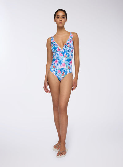 Costume intero con volant fantasia tropicale