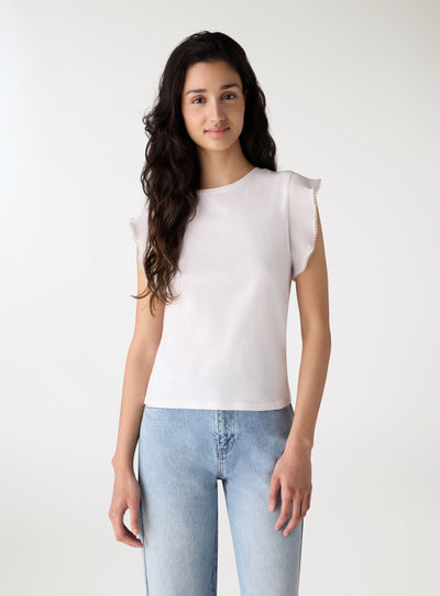Fitted T-shirt with pleated sleeves and appliqués