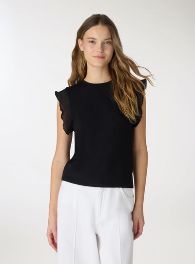 T-shirt aderente con maniche plissé e applicazioni