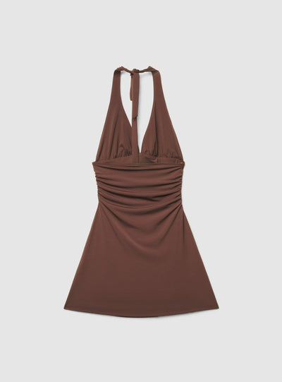 Vestito halterneck svasato a tinta unita