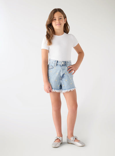 Shorts jeans con ricamo margherite