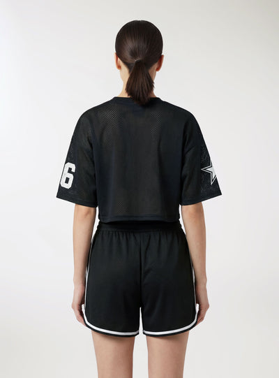 T-shirt cropped me rrjetë dhe printim kolegji