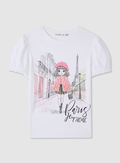 T-shirt con stampa Paris e applicazioni
