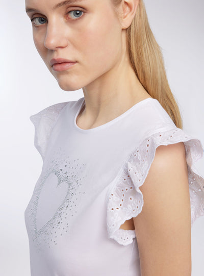 T-shirt avec strass et manches en broderie anglaise